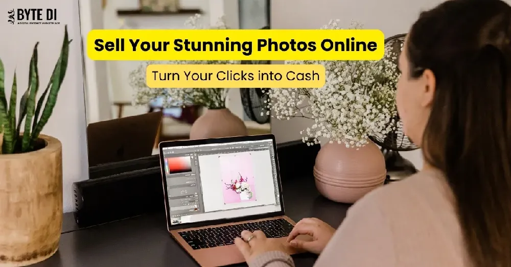 Photographer reviewing photos on a laptop with a photo-selling website in the background